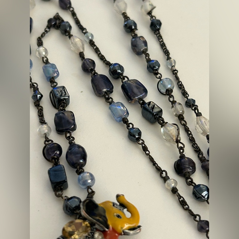 Necklace vintage blue Art Glass enameled Elephant red yellow black crystal beads - Picture 7 of 12
